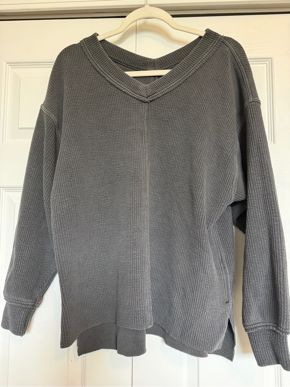 V-Neck Waffle Knit Top in Charcoal Gray